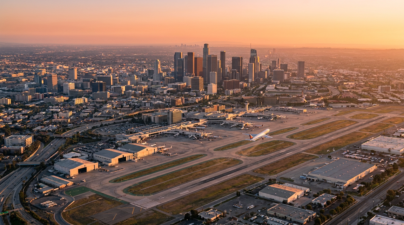 Vista a&eacute;rea de ciudad y aeropuerto al atardecer